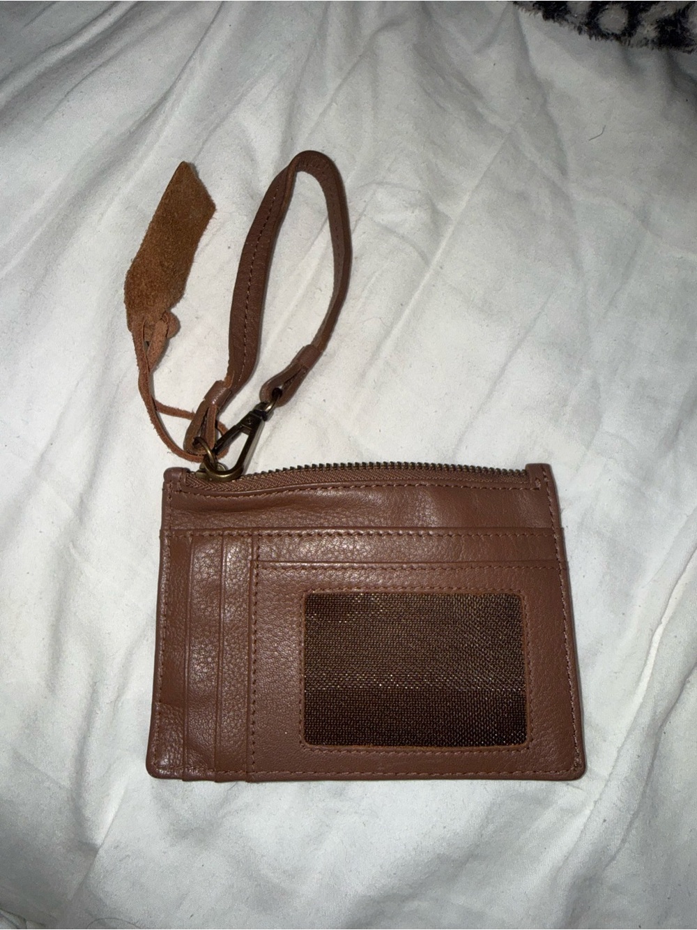 Slim Brown Leather Wristlet Card Case with ID Window